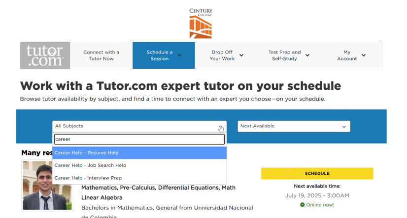 Screenshot of Tutor.com with Century College and where to go to schedule career help.