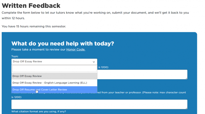 Tutor.com screenshot for uploading and reviewing your resume.