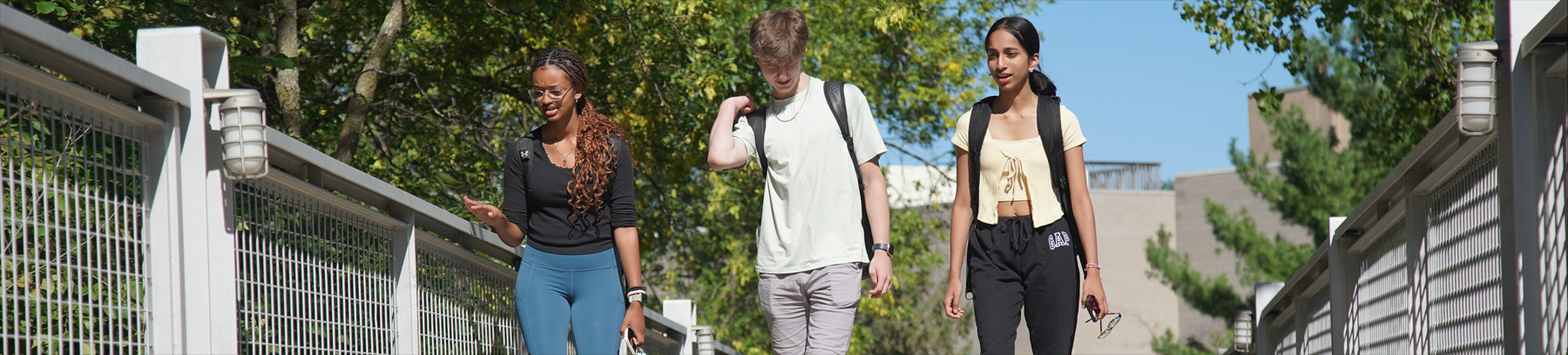 Three students walked across the campus bridge in the summer.