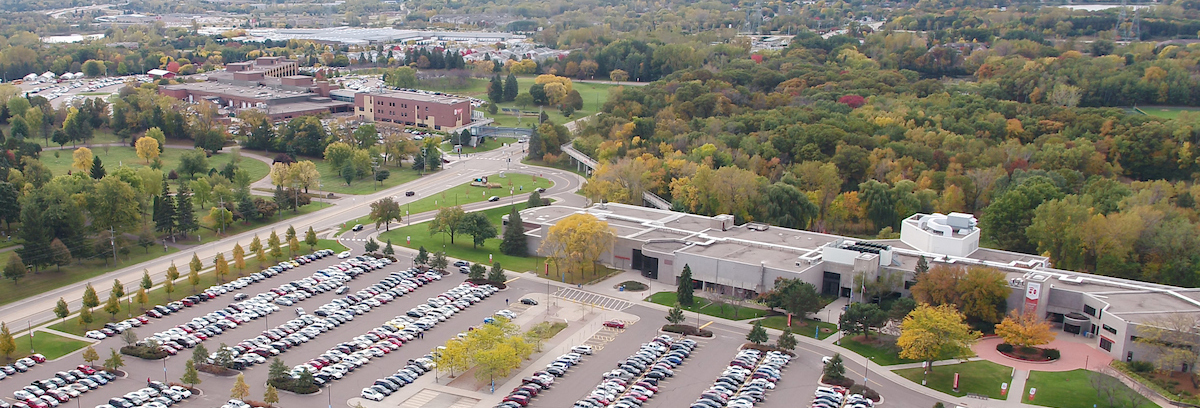 Aerial view of the Century College campus facing south from the West Campus parking lot.