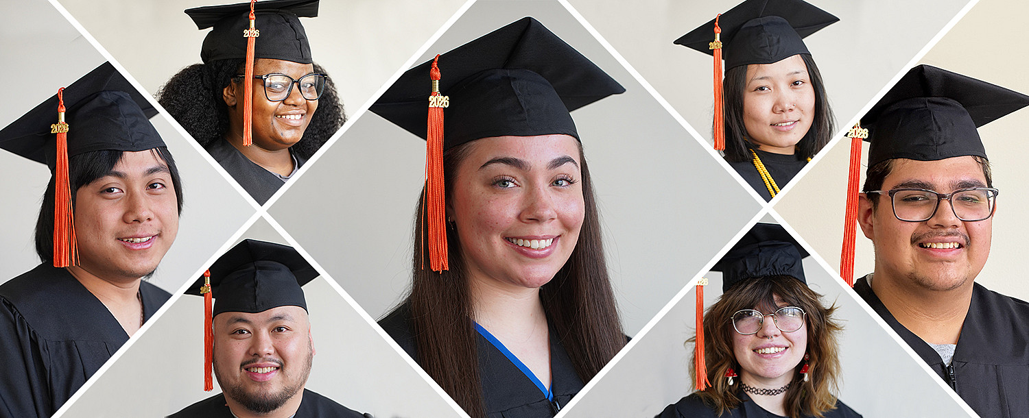 A collage of 2026 graduates in full commencement regalia.