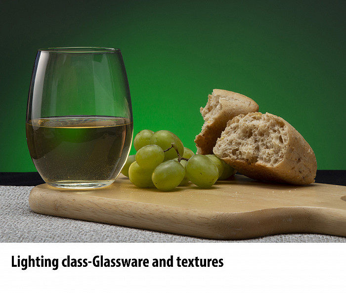 Lighting class - glassware and textures. Wine with grapes and bread.