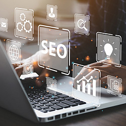 Businessman using a computer for analysis SEO Search Engine Optimization Marketing Ranking Traffic Website Internet Business Technology C...