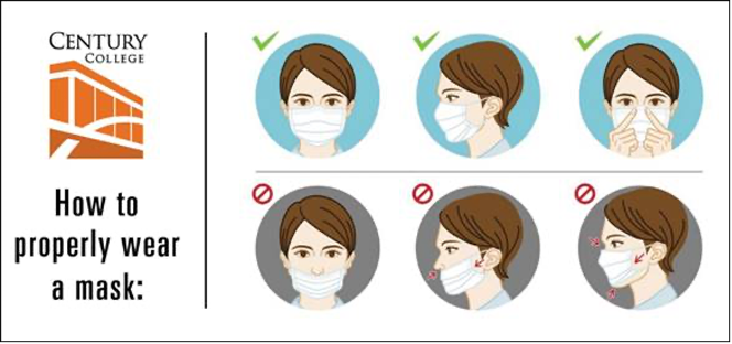 Graphic showing how to wear a mask: wear the mask over your nose and mouth and tighten the wire around your nose.